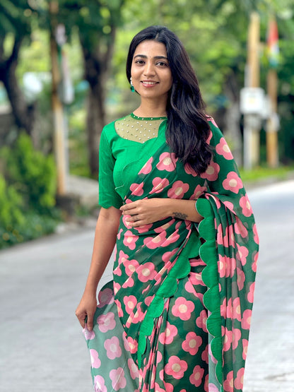 Green pink floral georgette saree with hand work blouse