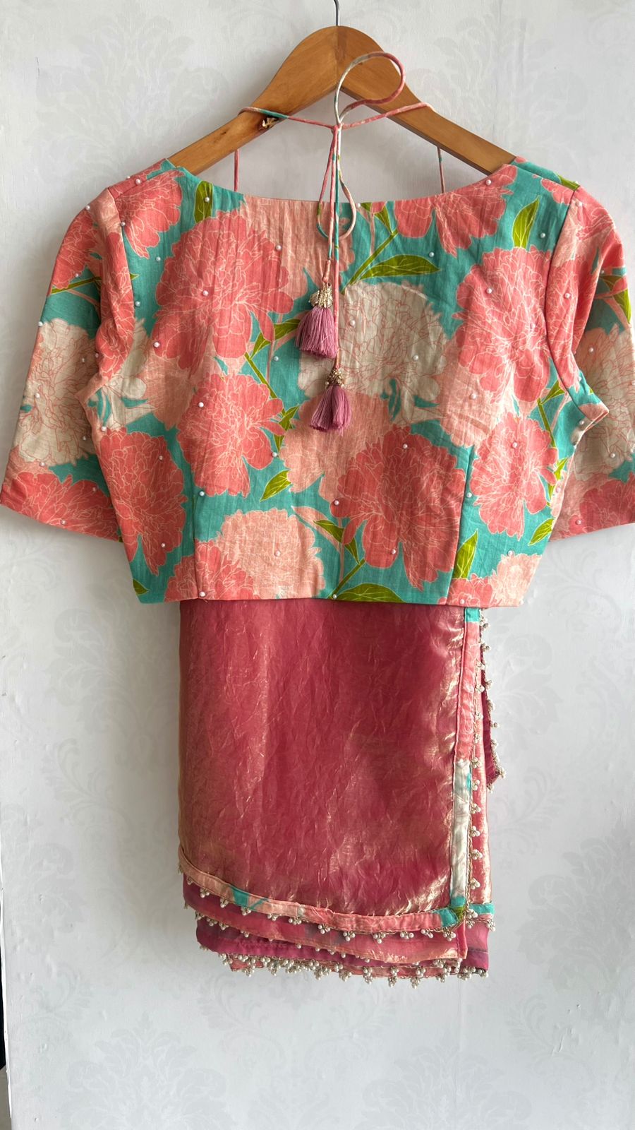 Peach glass tissue saree with floral hand work blouse