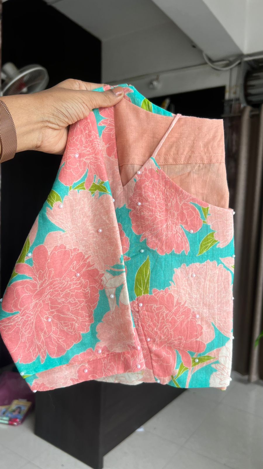 Cyan blue & pink floral patterned handwork blouse (Only blouse)