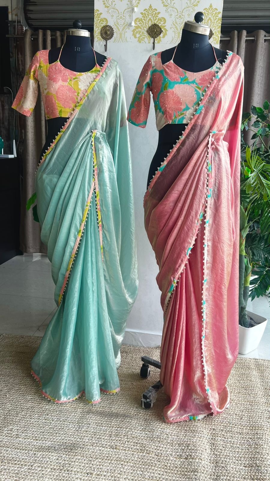 Peach glass tissue saree with floral hand work blouse