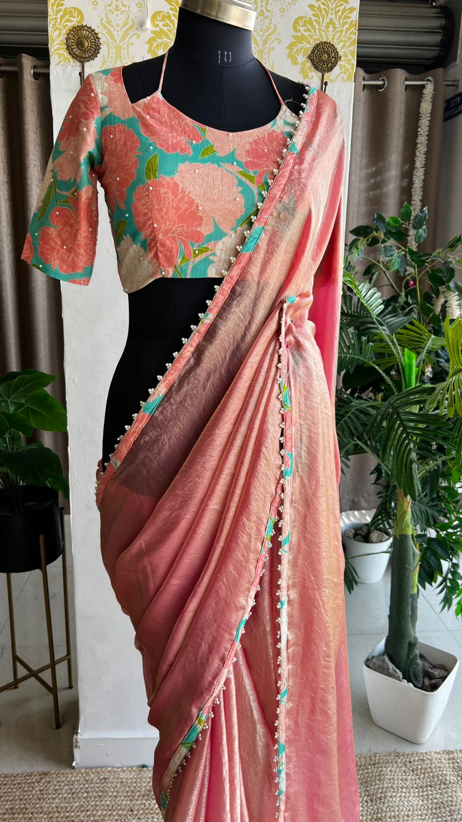 Peach glass tissue saree with floral hand work blouse