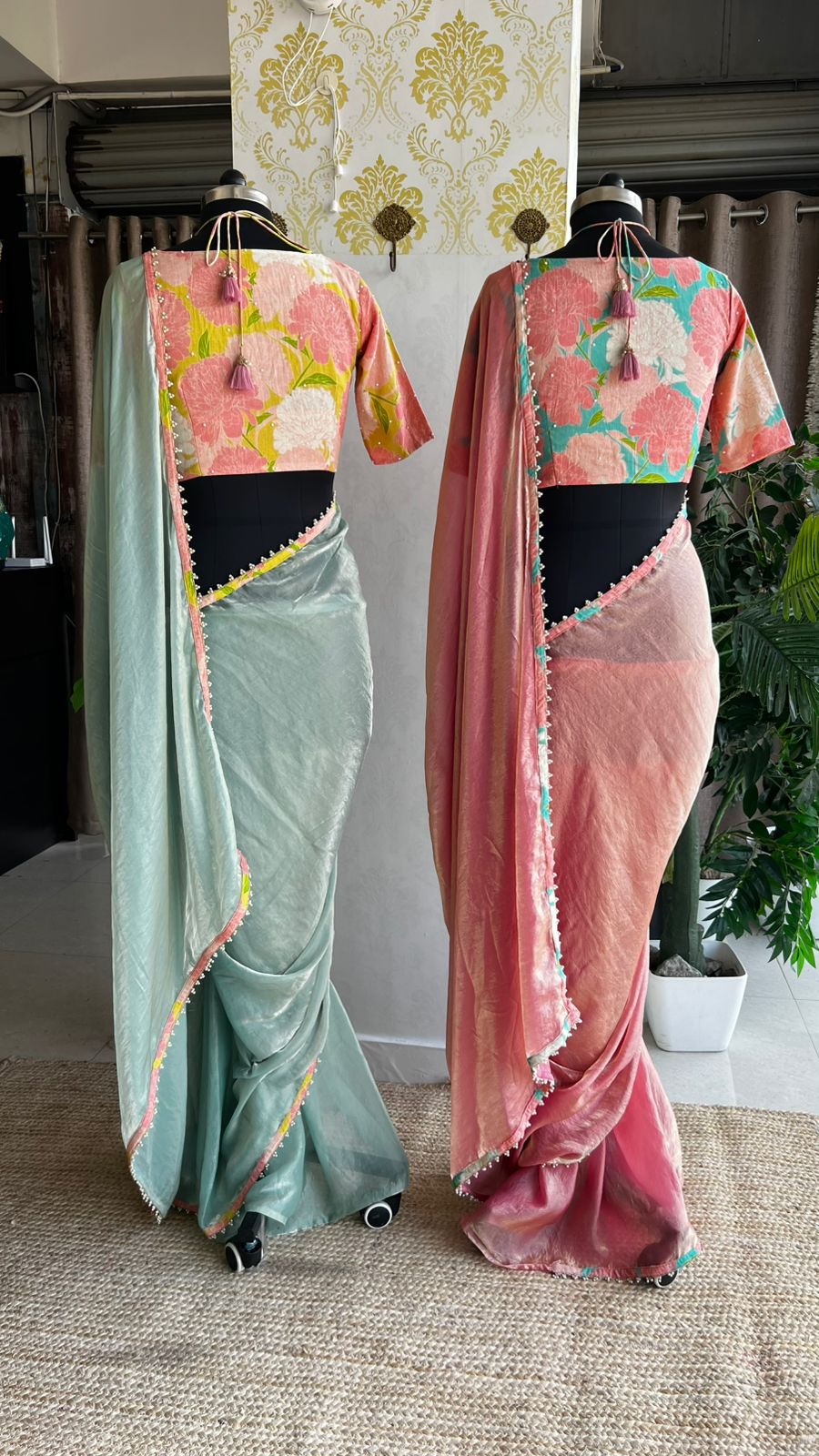 Peach glass tissue saree with floral hand work blouse