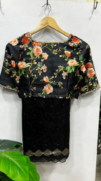 Black organza saree with printed hand work blouse
