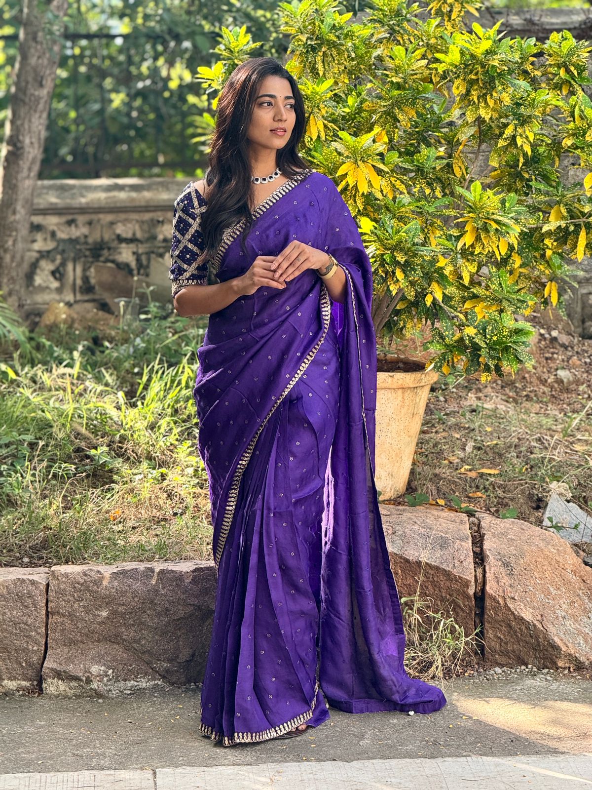 Purple jute saree with purple banarasi blouse