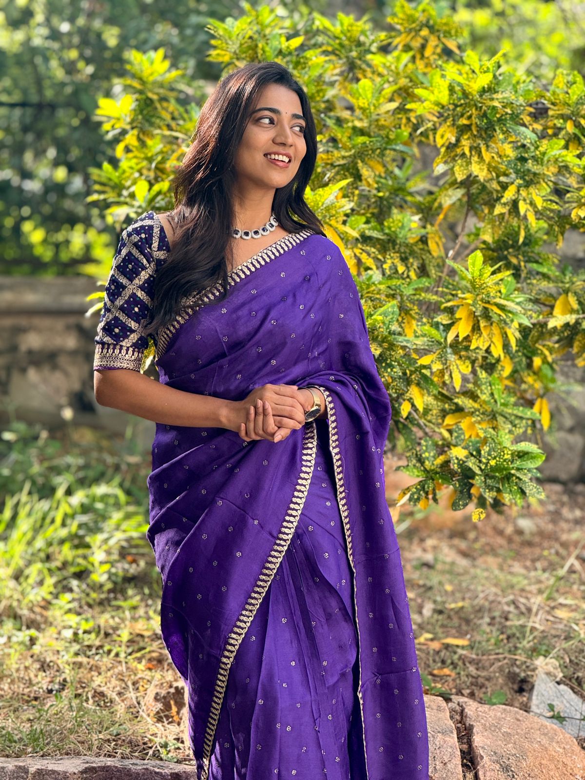 Purple jute saree with purple banarasi blouse