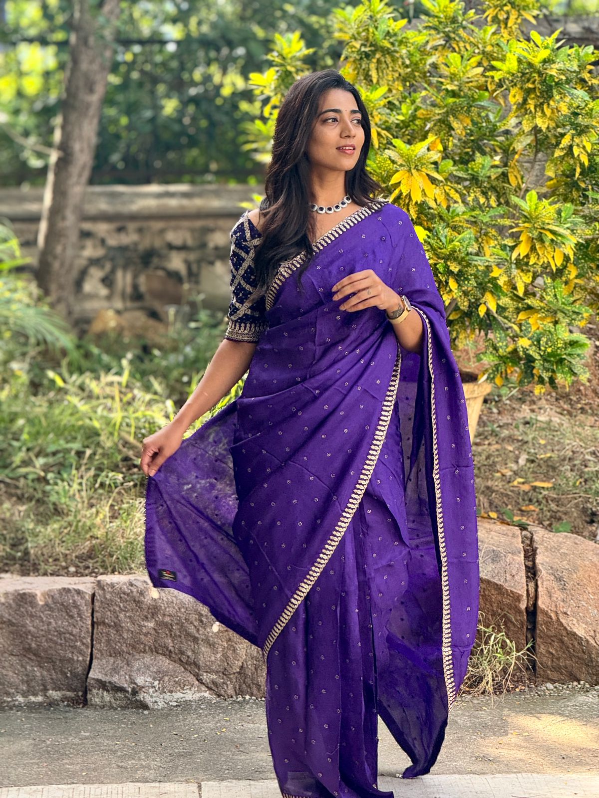 Purple jute saree with purple banarasi blouse