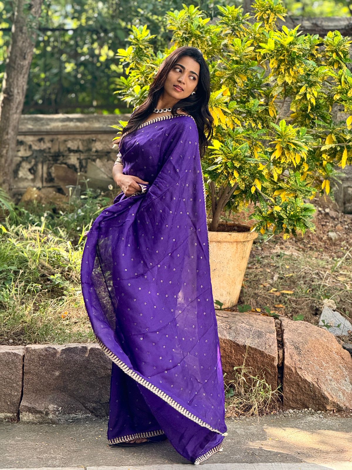 Purple jute saree with purple banarasi blouse