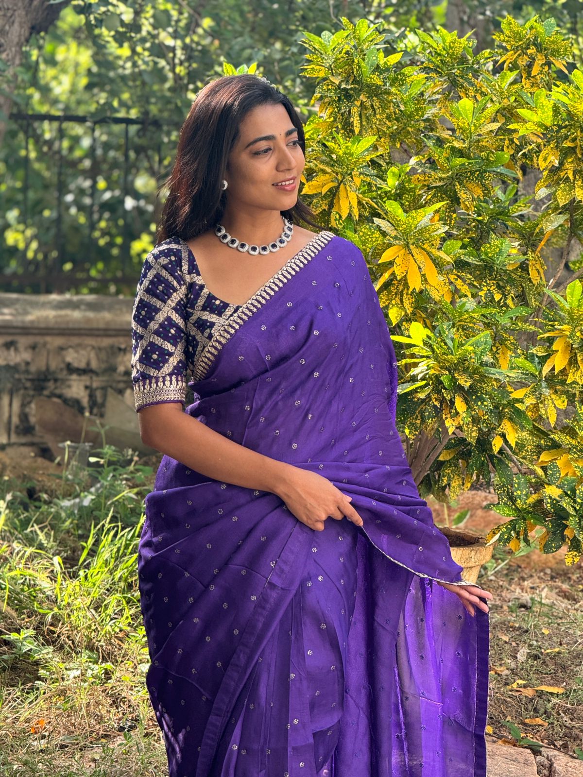 Purple jute saree with purple banarasi blouse