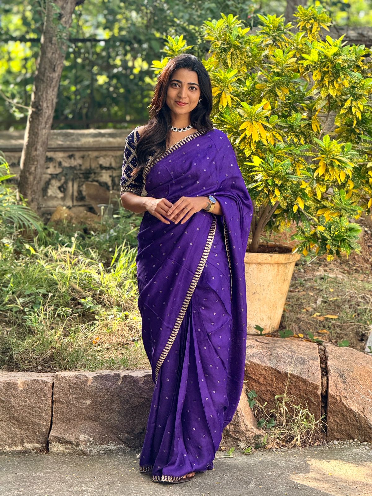 Purple jute saree with purple banarasi blouse