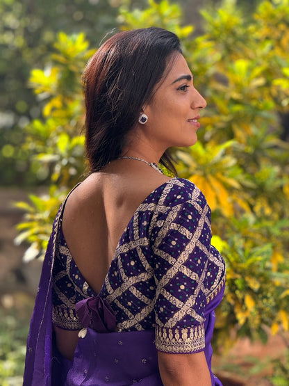 Purple jute saree with purple banarasi blouse