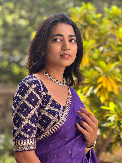 Purple jute saree with purple banarasi blouse