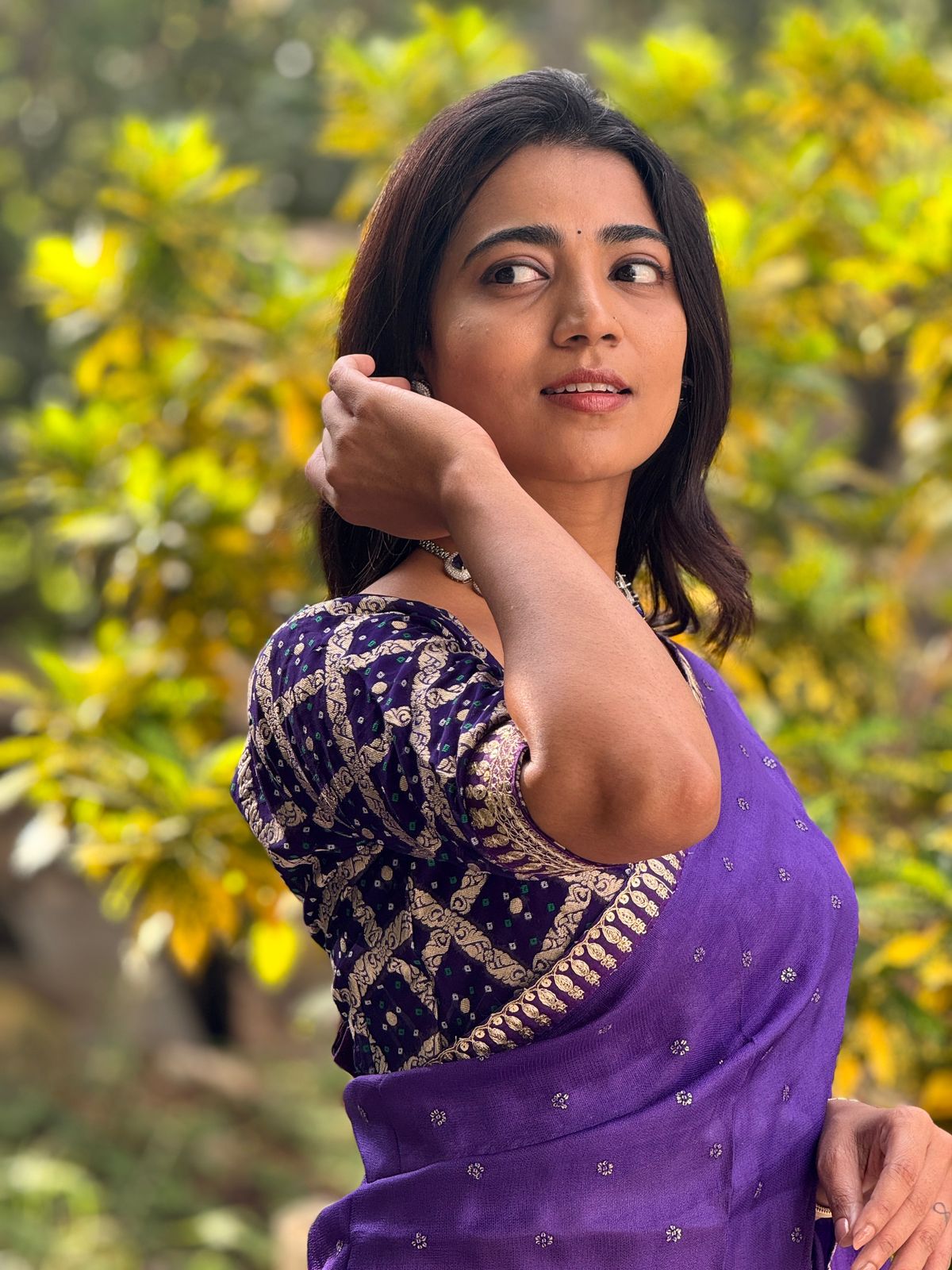 Purple jute saree with purple banarasi blouse