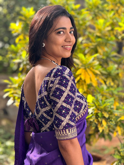 Purple jute saree with purple banarasi blouse