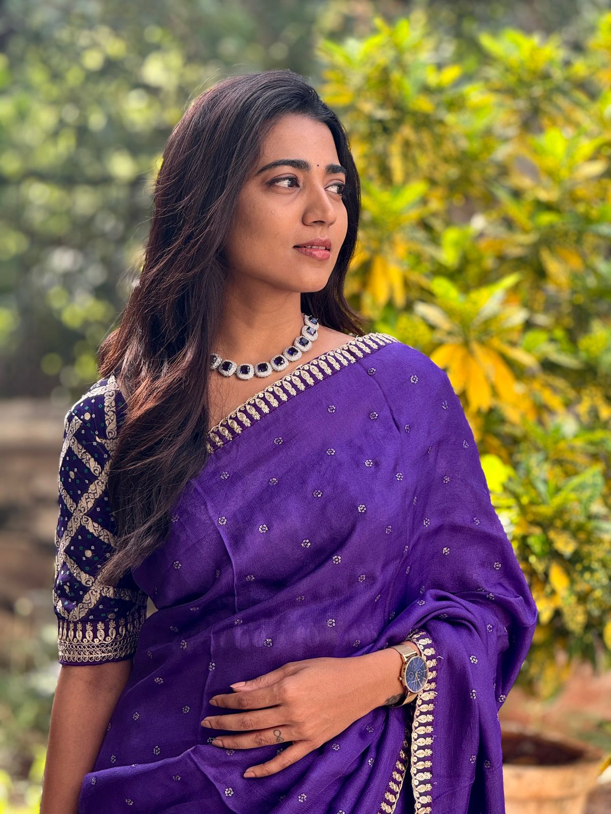 Purple jute saree with purple banarasi blouse