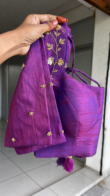 Half white jute saree with purple hand worked blouse