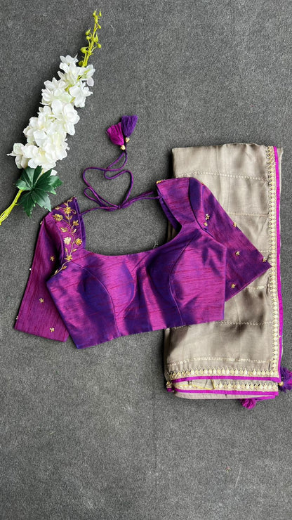 Half white jute saree with purple hand worked blouse