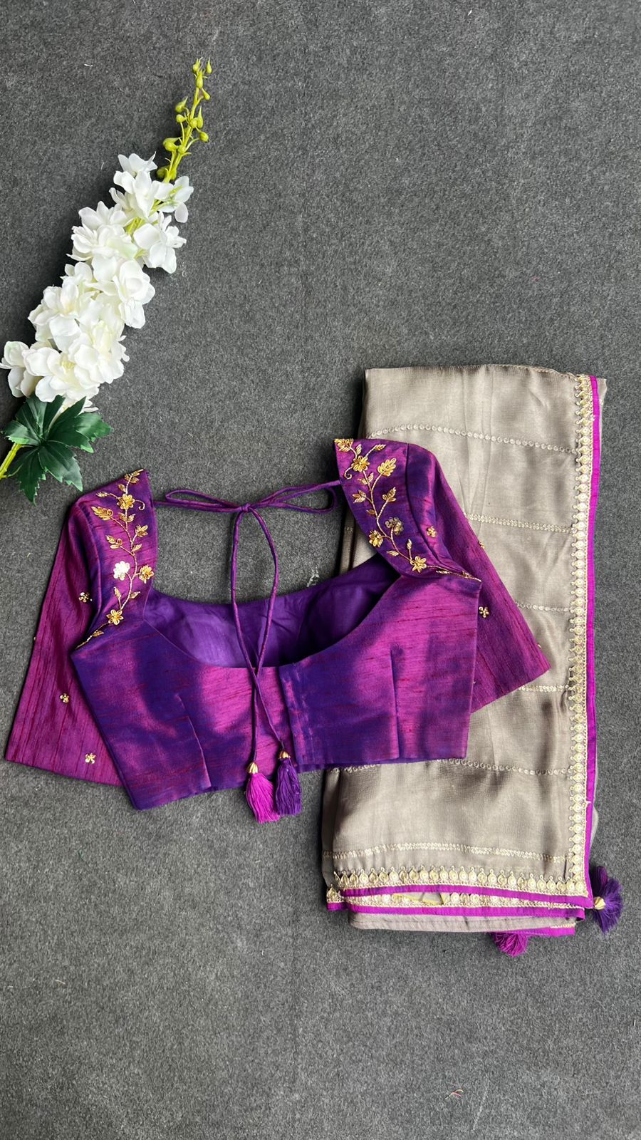 Half white jute saree with purple hand worked blouse