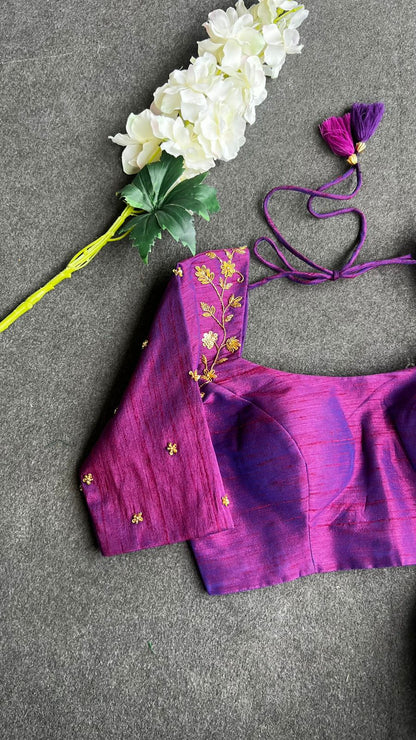 Half white jute saree with purple hand worked blouse