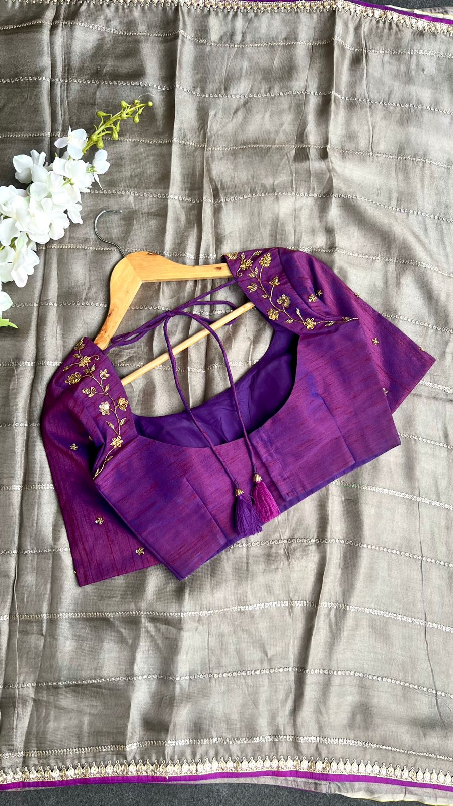 Half white jute saree with purple hand worked blouse