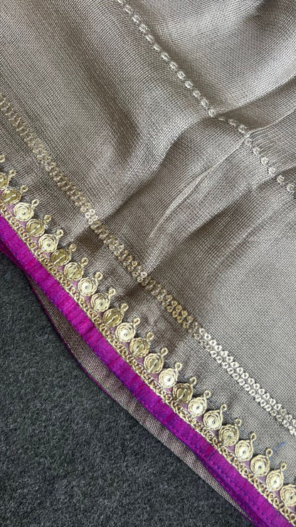 Half white jute saree with purple hand worked blouse