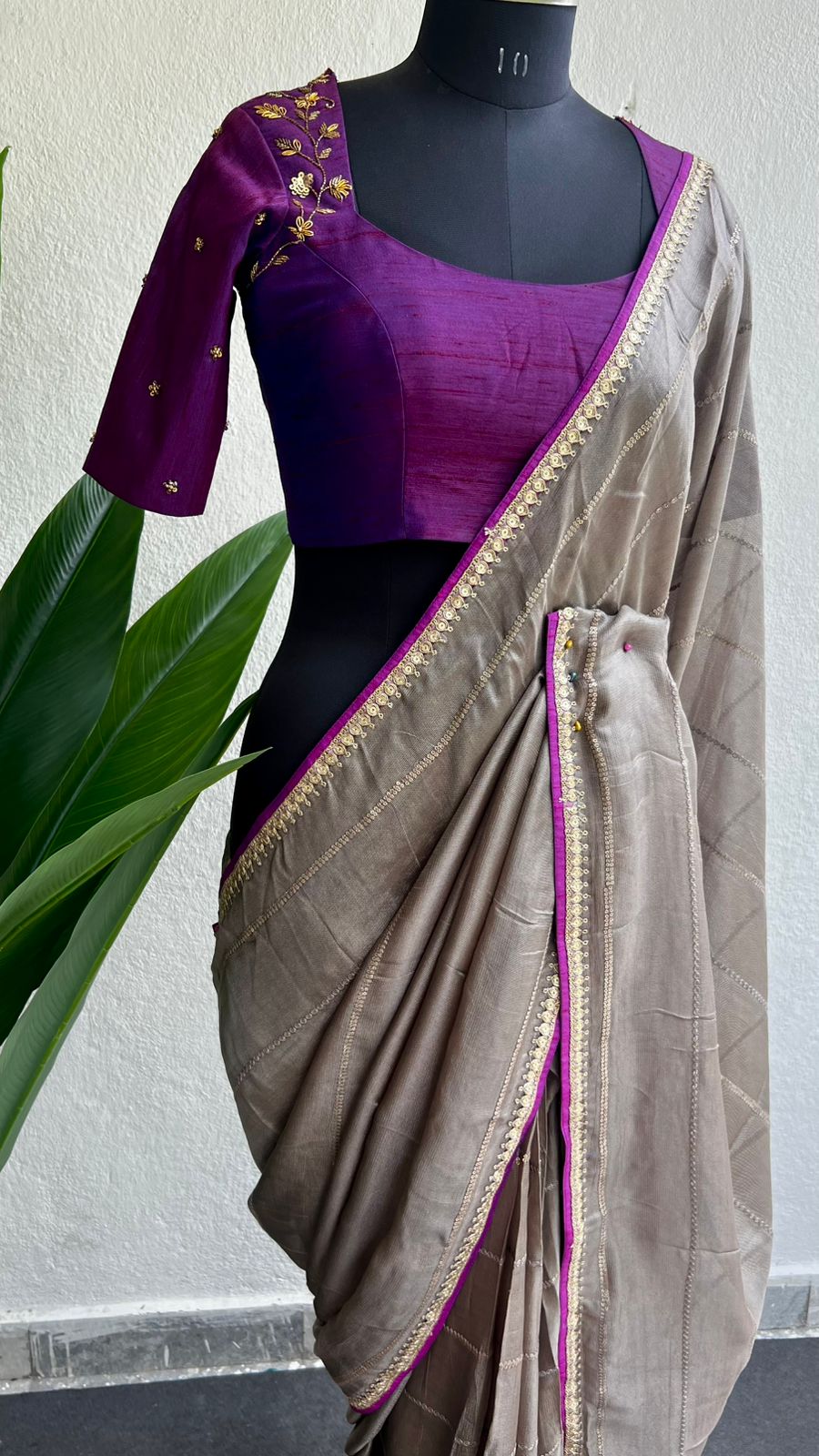 Half white jute saree with purple hand worked blouse