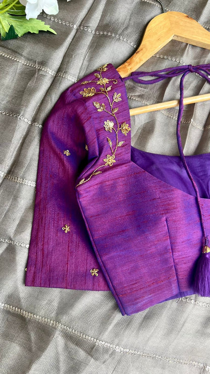 Half white jute saree with purple hand worked blouse