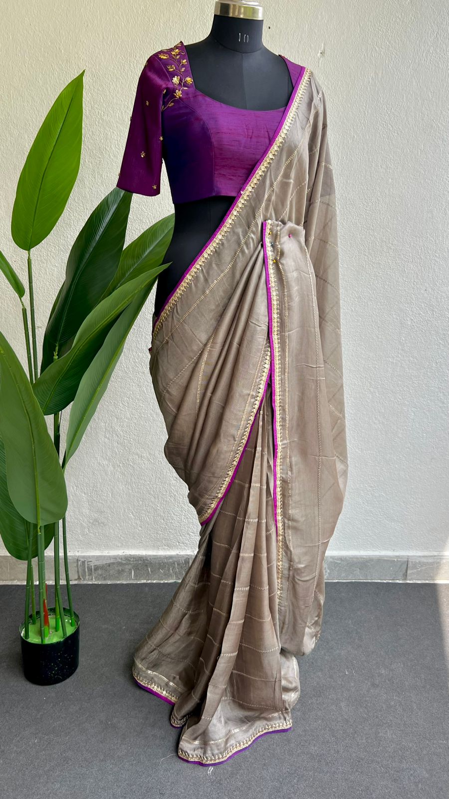 Half white jute saree with purple hand worked blouse