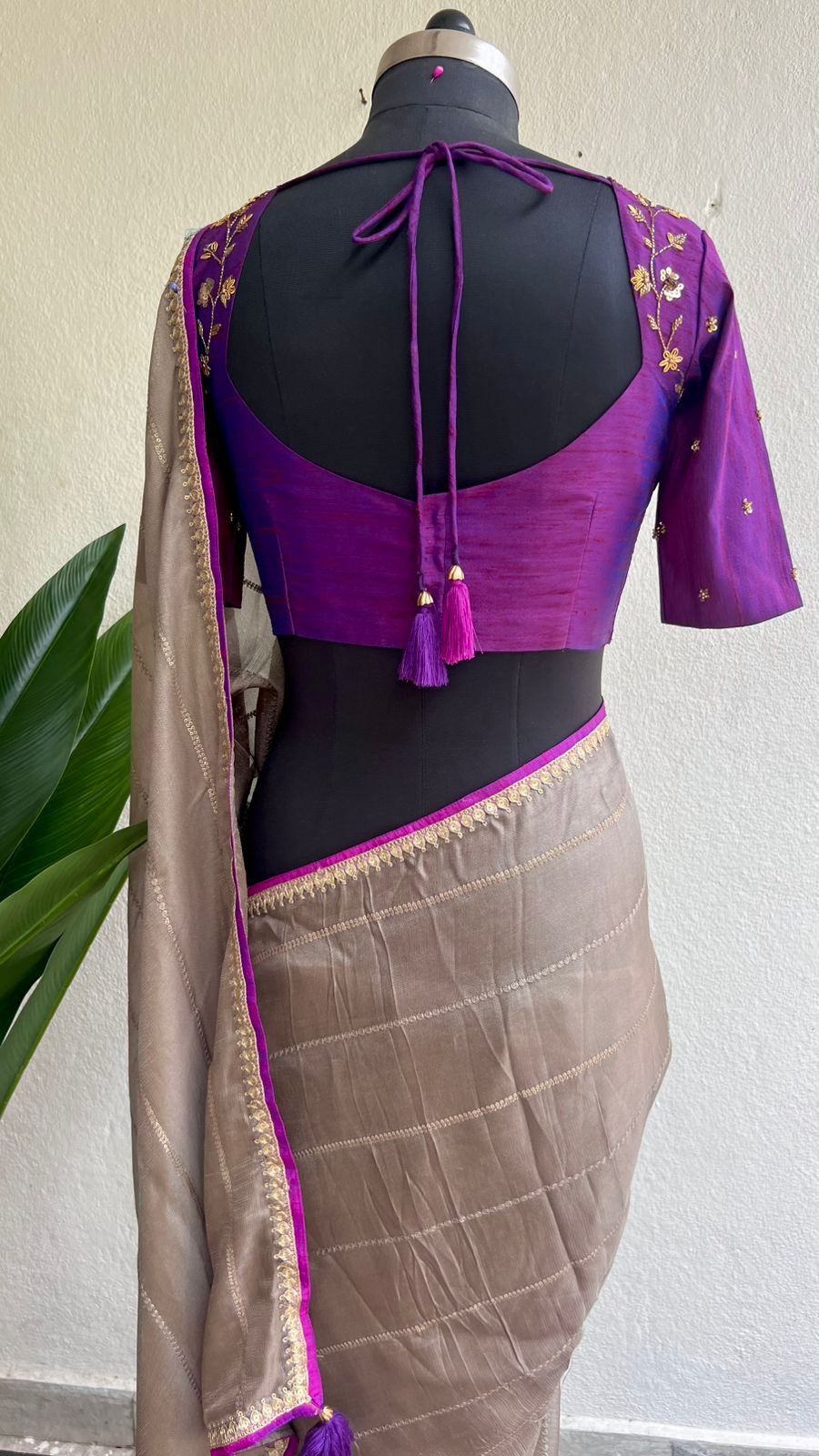 Half white jute saree with purple hand worked blouse