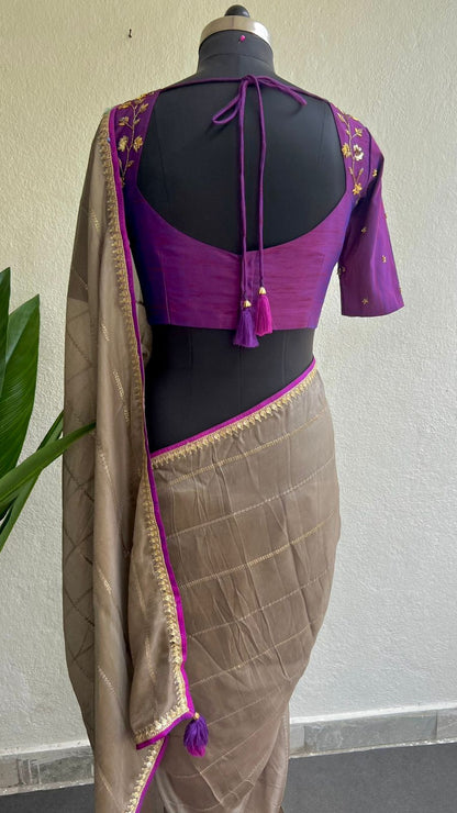 Half white jute saree with purple hand worked blouse