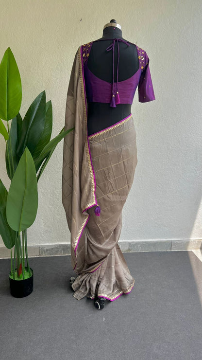 Half white jute saree with purple hand worked blouse