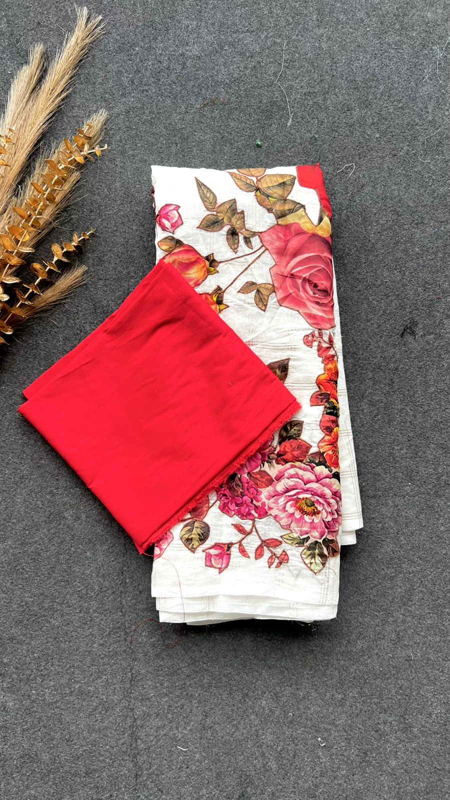 White chanderi floral saree with red blouse
