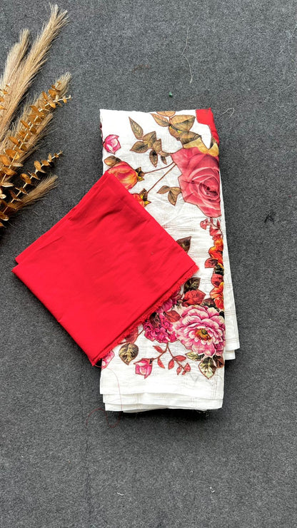 White chanderi floral saree with red blouse