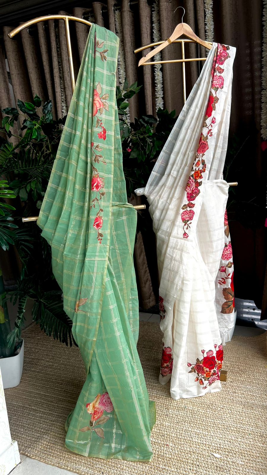 White chanderi floral saree with red blouse