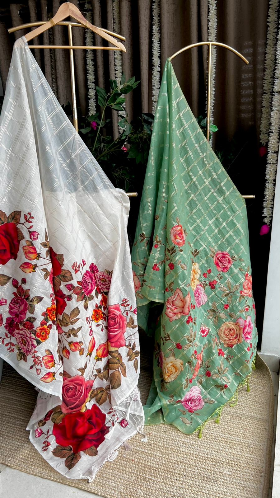 White chanderi floral saree with red blouse