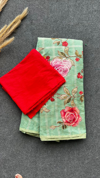 Pista green chanderi floral saree with red blouse