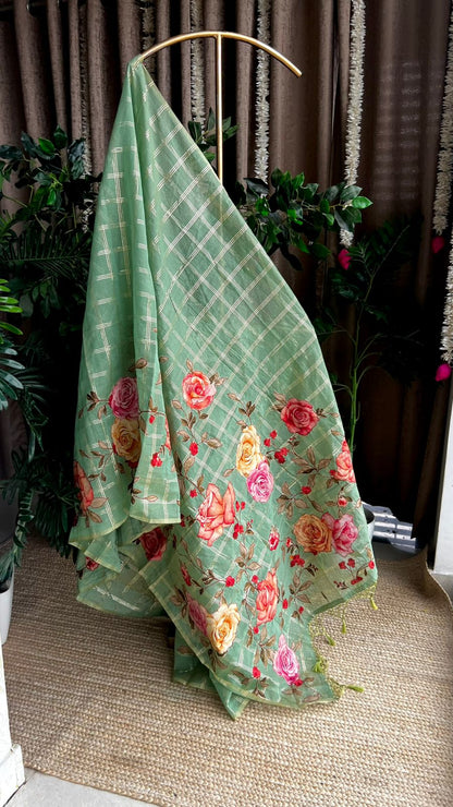 Pista green chanderi floral saree with red blouse