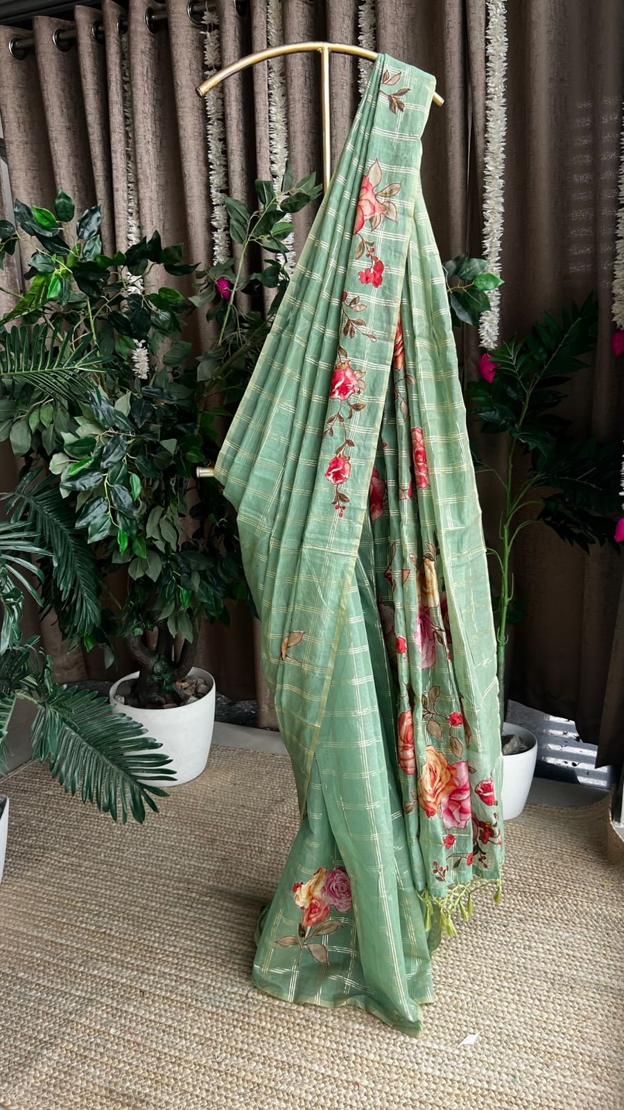 Pista green chanderi floral saree with red blouse