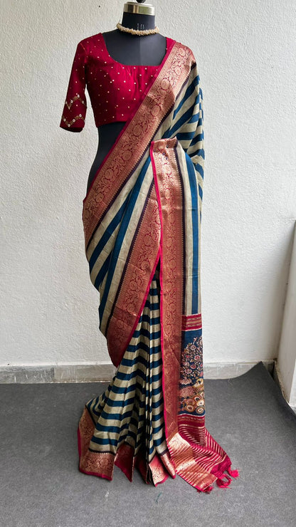 Blue & cream silk saree with hand worked blouse