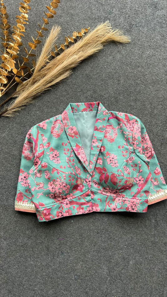 Cyan blue floral collared blouse (only blouse)