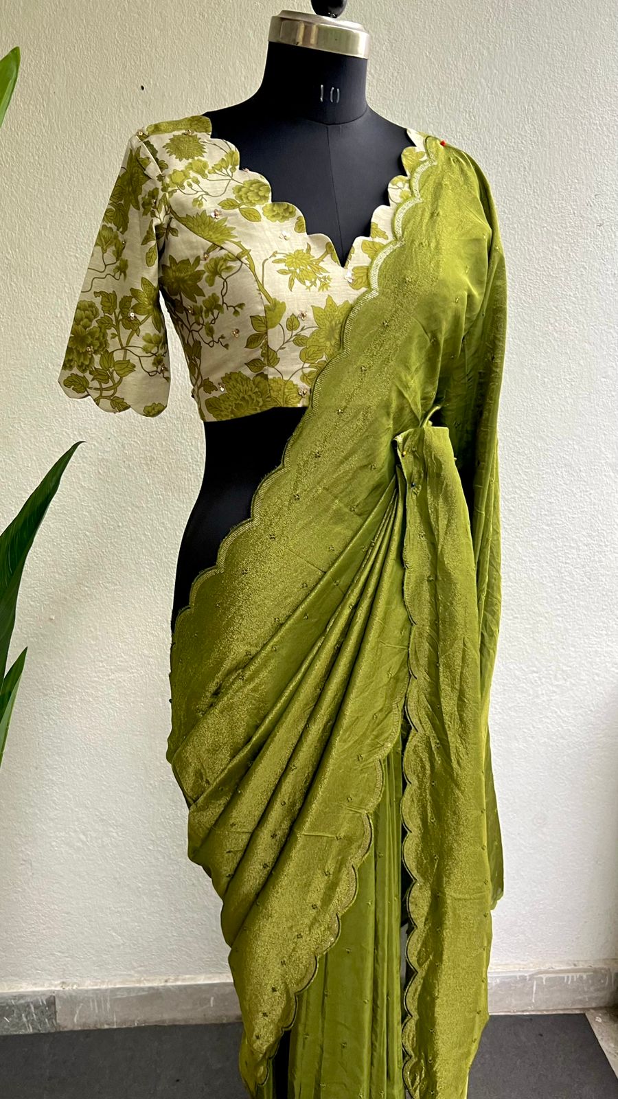 Green silk embroidery saree with chanderi hand worked blouse