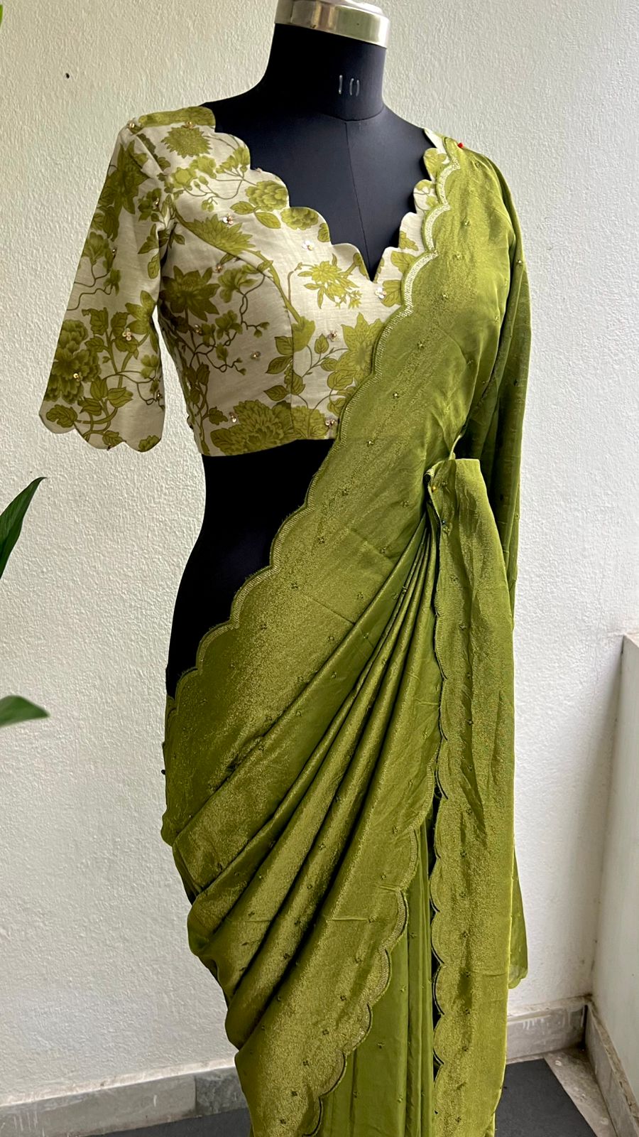 Green silk embroidery saree with chanderi hand worked blouse