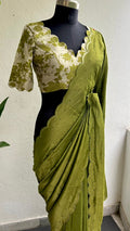 Green tissue embroidery saree with linen hand worked blouse