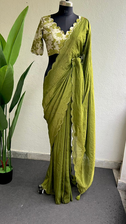 Green silk embroidery saree with chanderi hand worked blouse