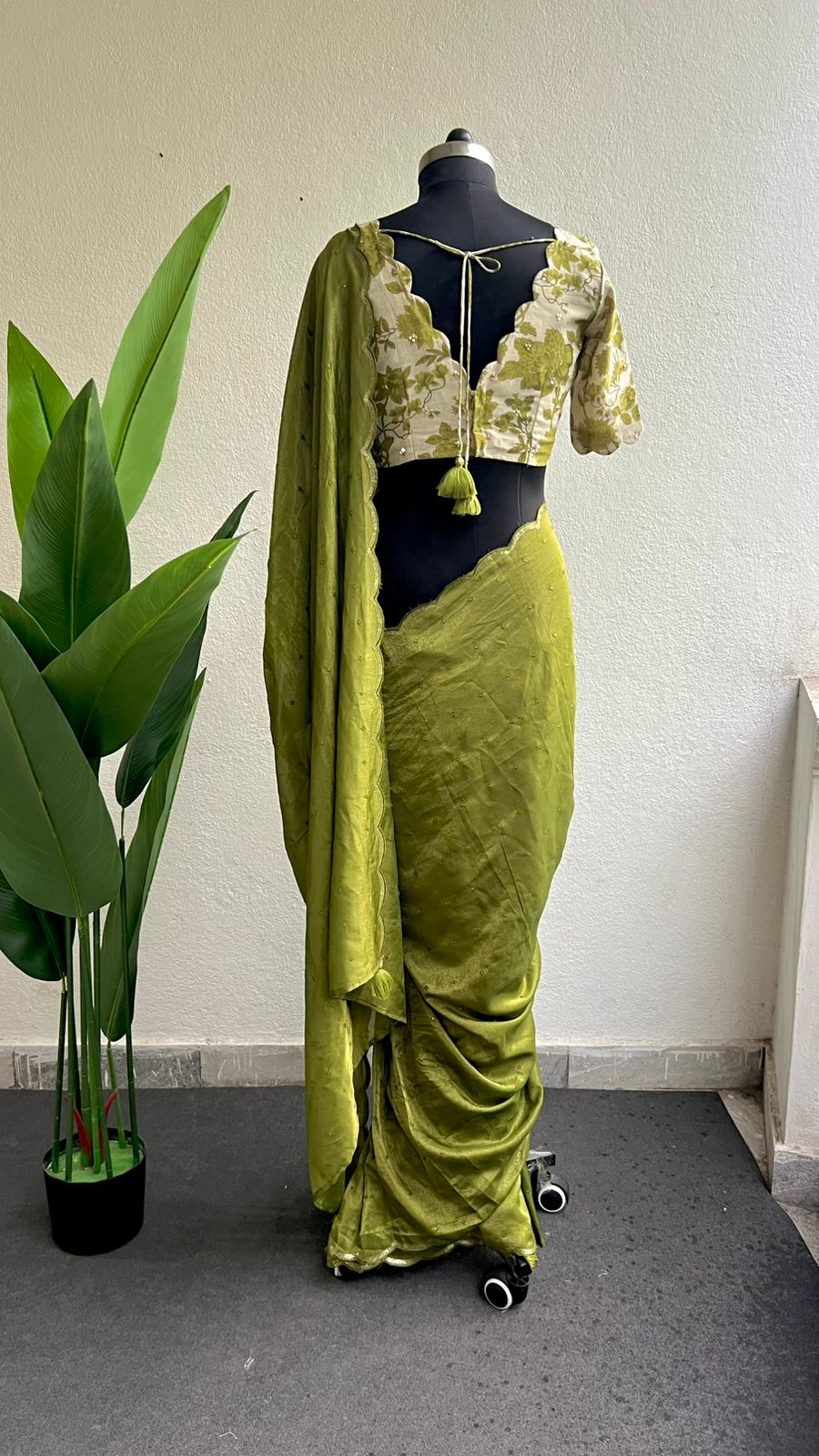 Green silk embroidery saree with chanderi hand worked blouse