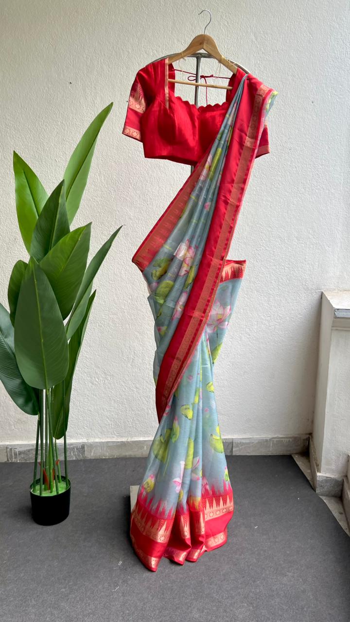 Light blue kota printed saree with red blouse