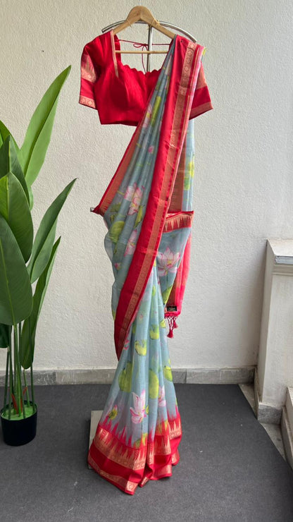 Light blue kota printed saree with red blouse