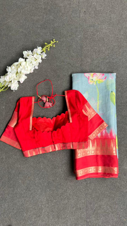 Light blue kota printed saree with red blouse