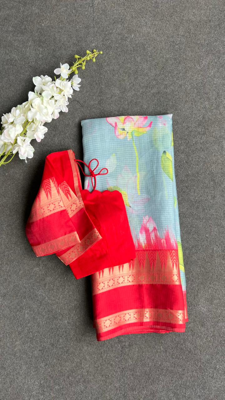 Light blue kota printed saree with red blouse