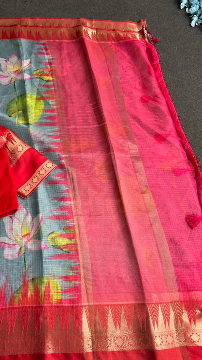 Light blue kota printed saree with red blouse