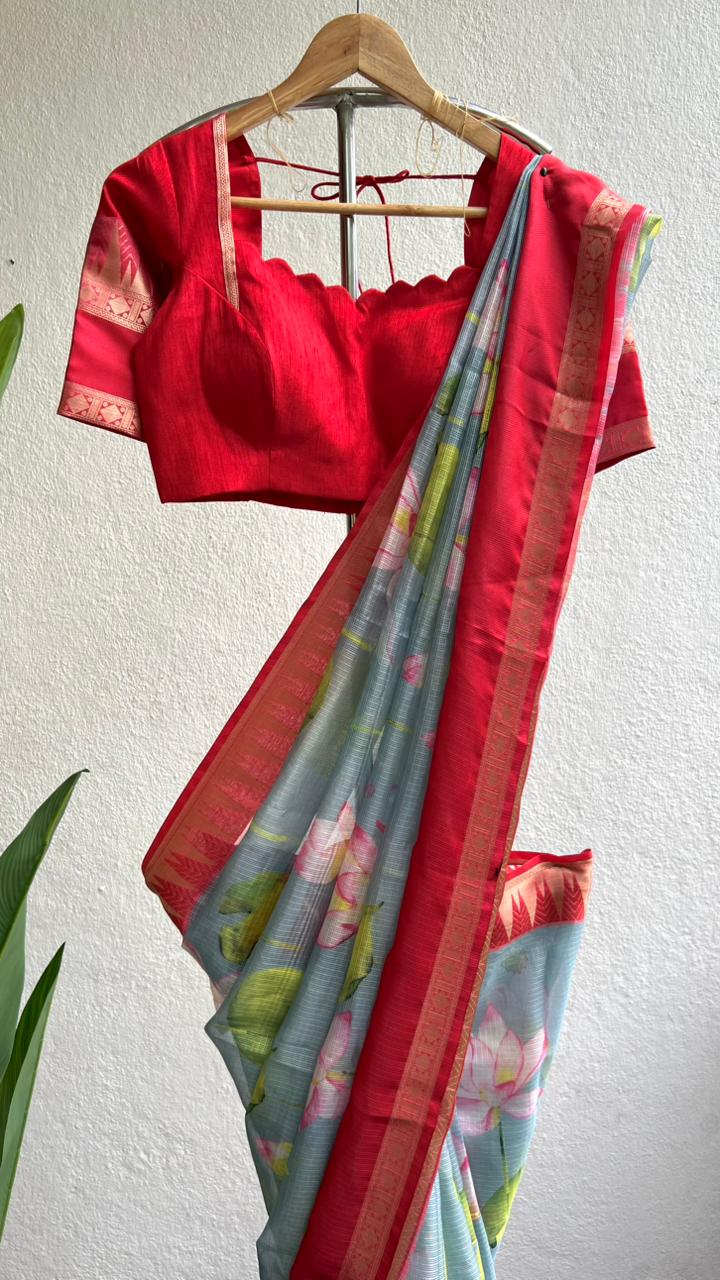 Light blue kota printed saree with red blouse